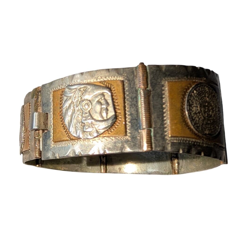 Taxco Sterling Silver Panel Bracelet Mixed Metal Embossed Mexican Artisan 7.5 in - Picture 9 of 14